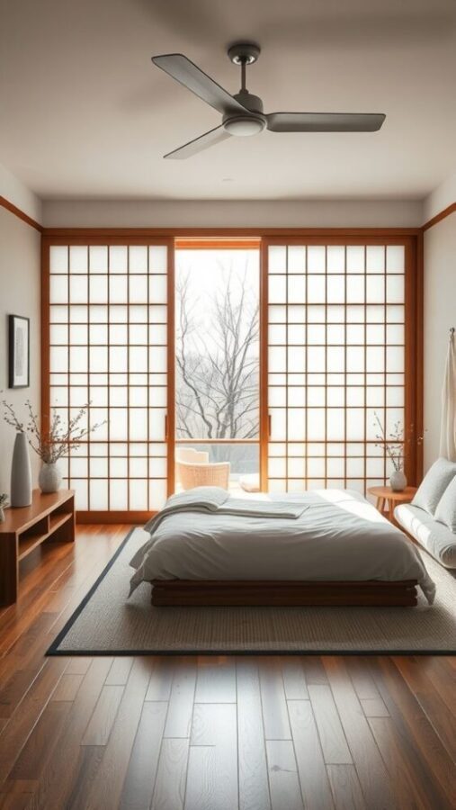 45 Inspiring Bedroom Ideas for Every Style 25 A serene bedroom with shoji screens, a low-profile bed, and natural wood elements