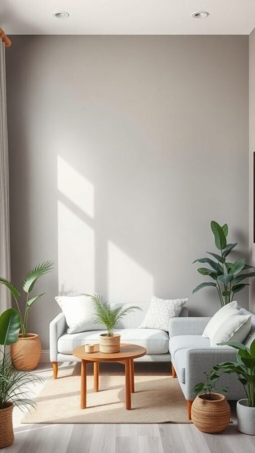 Small living room with a soft gray accent wall and light-colored furniture.