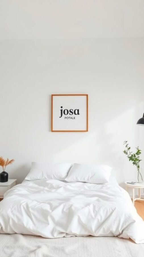 Minimalist bedroom featuring white bed linens and artistic wall decor.