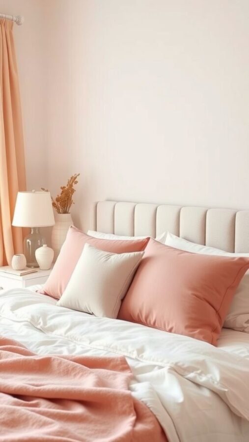 A cozy bedroom with blush pink accents including pillows and curtains