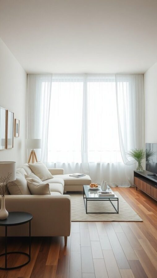 A bright and airy small living room with white accents, featuring light curtains, a light couch, a dark coffee table, and potted plants.