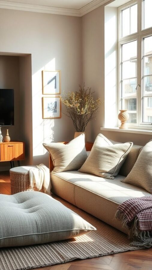 A cozy small living room featuring a light-colored sofa with textured cushions, a wooden side table, a woven basket, and a soft rug.