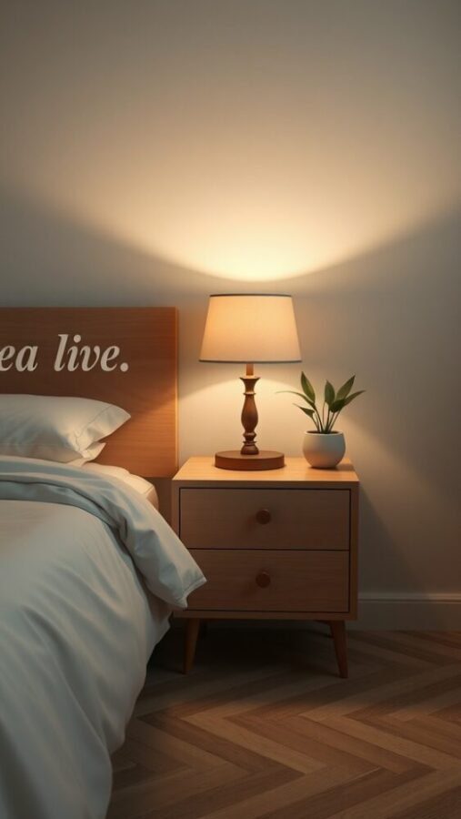 A decluttered nightstand with a lamp and a small plant, emphasizing minimalist design.