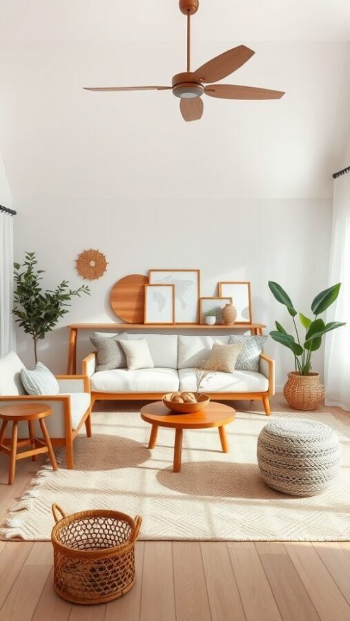 A small living room decorated with earthy tones, featuring wooden furniture, plants, and neutral textiles.