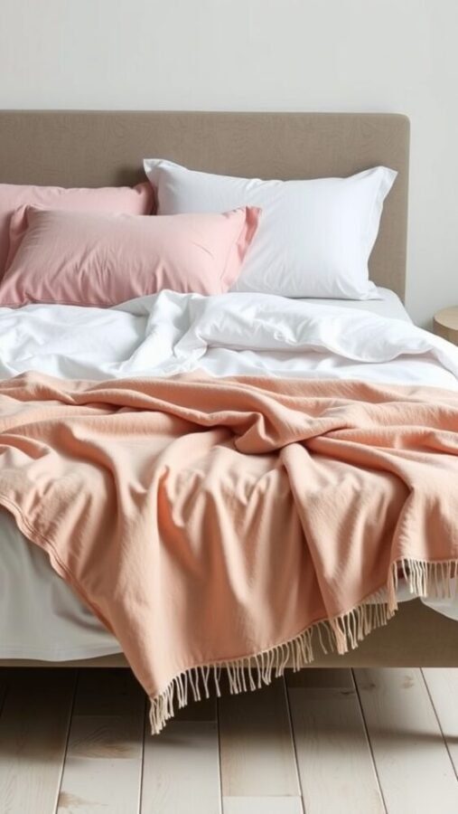 A minimalist bedroom featuring a neatly made bed with soft peach and white bedding, highlighting essentialist design.