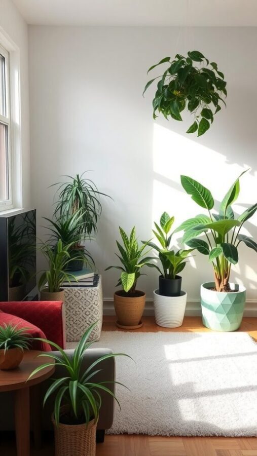 A bright small living room featuring various plants in stylish pots, enhancing the neutral tones of the space.