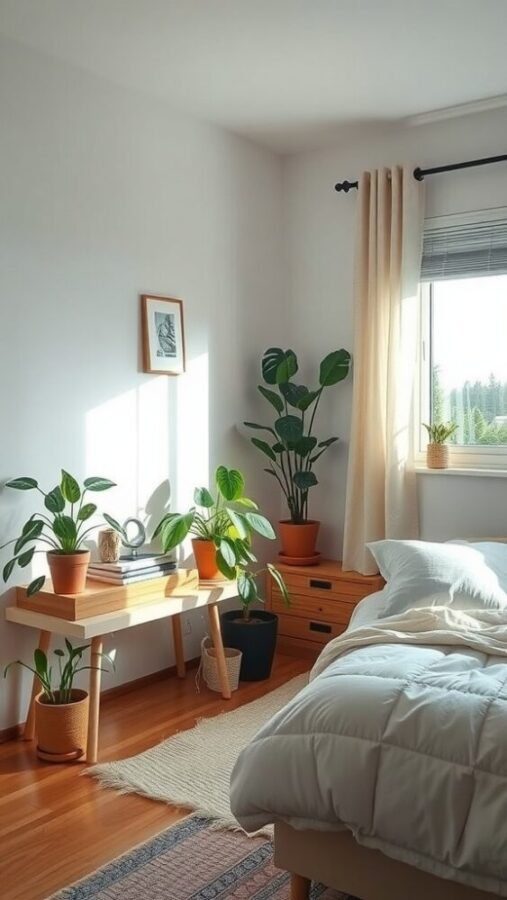 A minimalist bedroom featuring potted plants, a bed with soft bedding, and natural light coming through the window.
