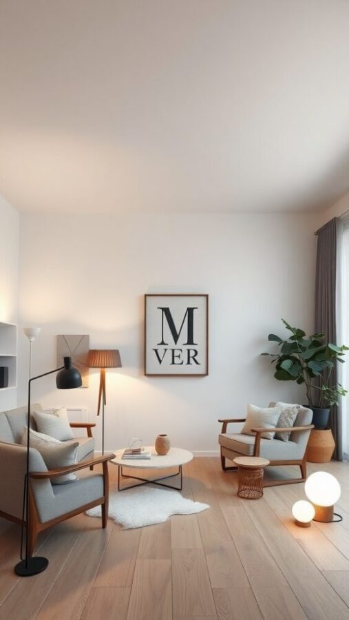 A minimalist living room with layered lighting design featuring floor lamps and soft light fixtures.