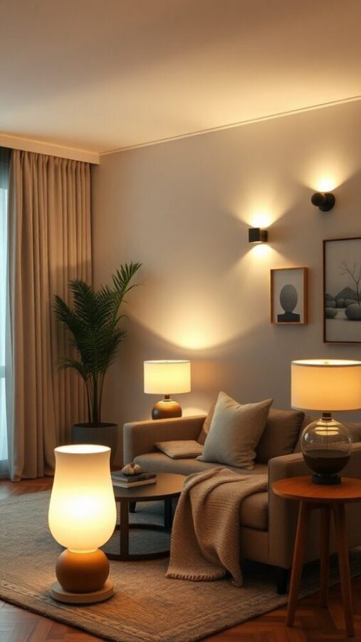 Cozy small living room with layered lighting solutions, showcasing various light sources and a warm atmosphere.