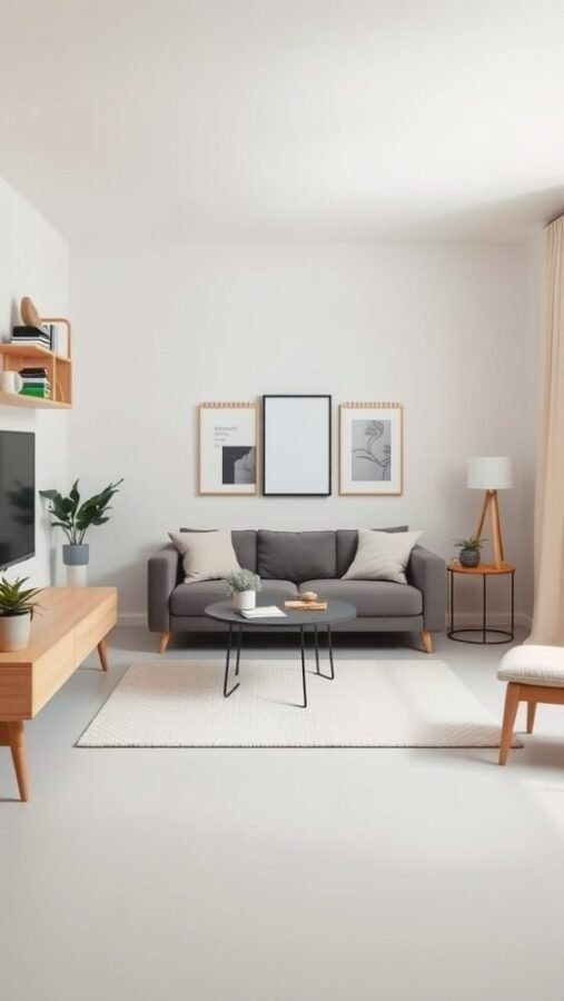 A minimalist small living room featuring a grey sofa, round coffee table, and neutral decor