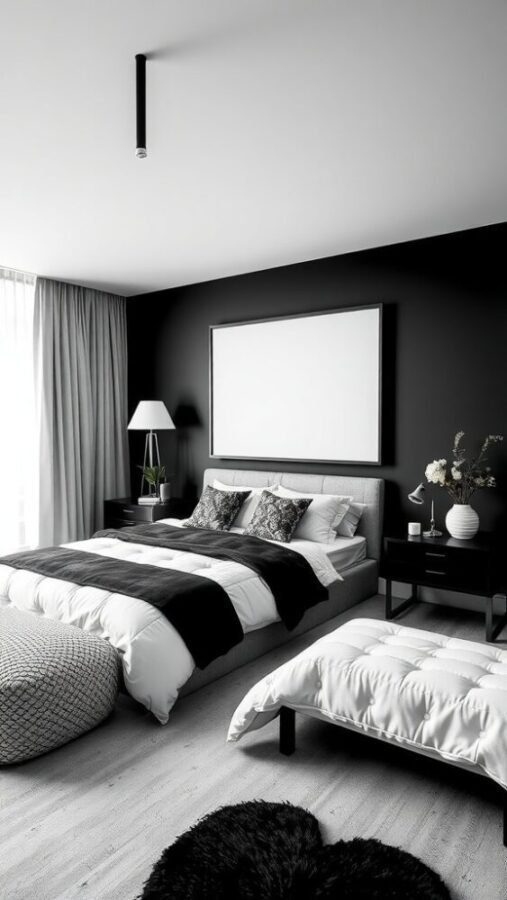 A minimalist monochrome bedroom featuring a black wall, white bedding, and simple decor.