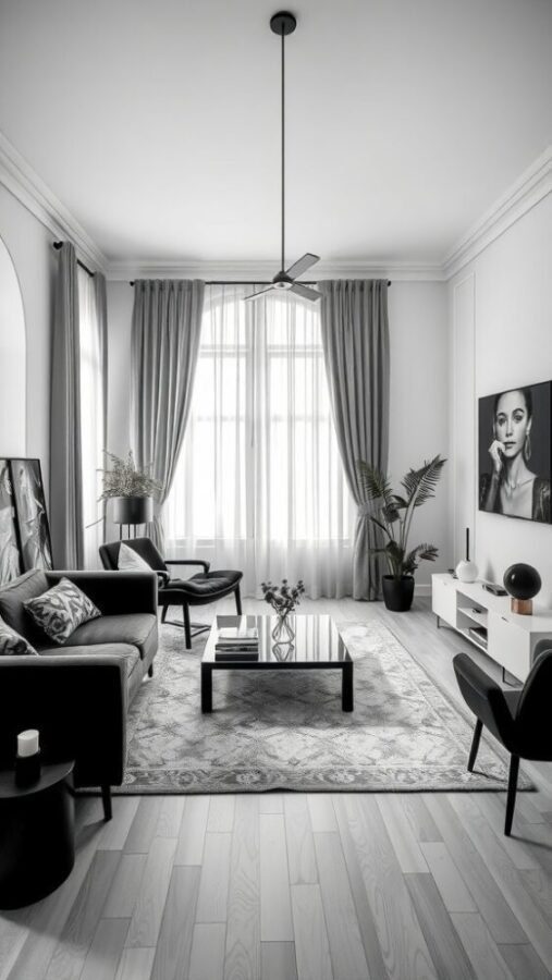 A minimalist living room featuring black and white furniture, large windows, and plants