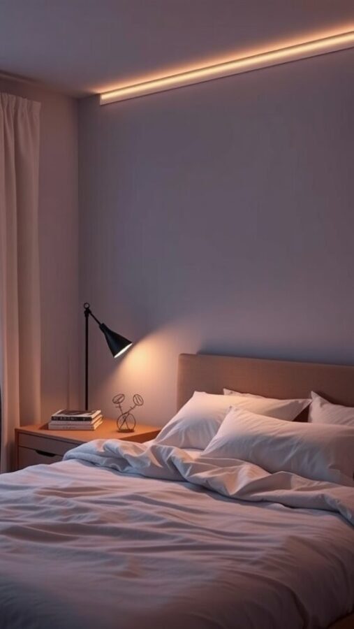 A minimalist bedroom featuring warm mood lighting, a bedside lamp, and soft bedding.