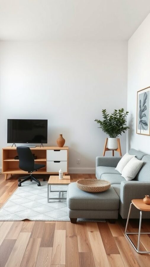 A small living room featuring a cozy sofa, coffee tables, and a TV unit in neutral tones.