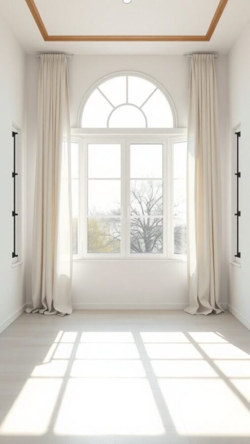 A bright minimalist bedroom with large windows and soft curtains, emphasizing natural light.