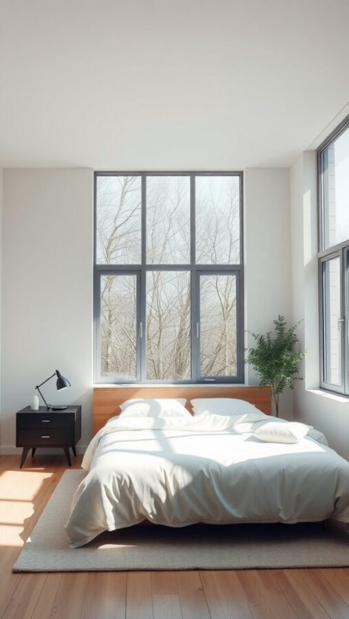 Bright minimalist bedroom with large windows and natural light
