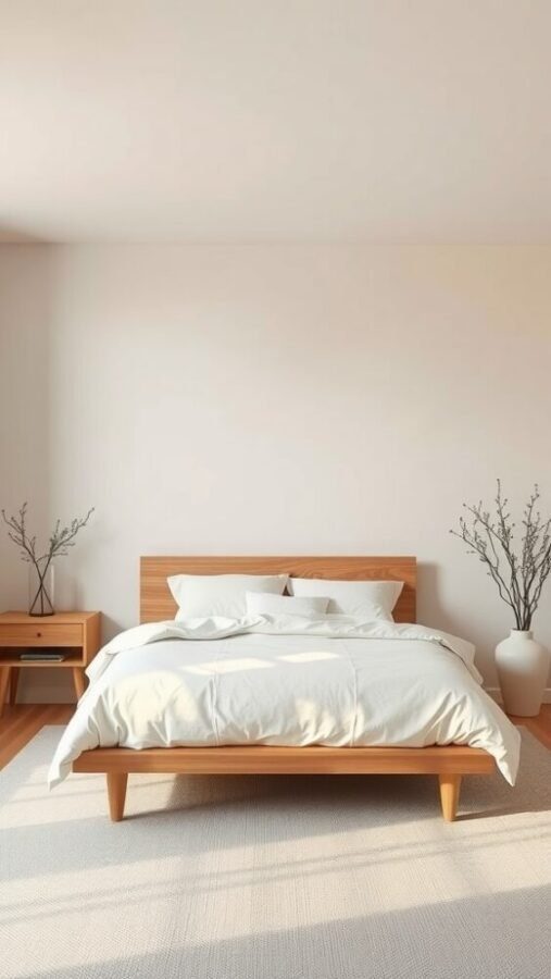 A minimalist bedroom with a neutral color palette featuring a wooden bed, white linens, and simple decor.