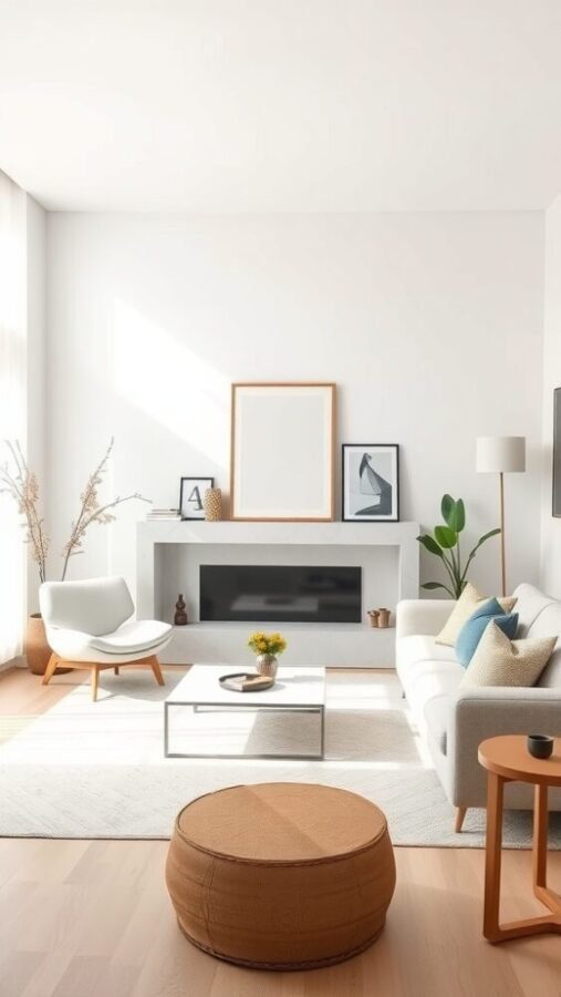 A minimalist living room featuring a neutral palette with a light sofa, stylish armchair, round ottoman, and decorative elements.