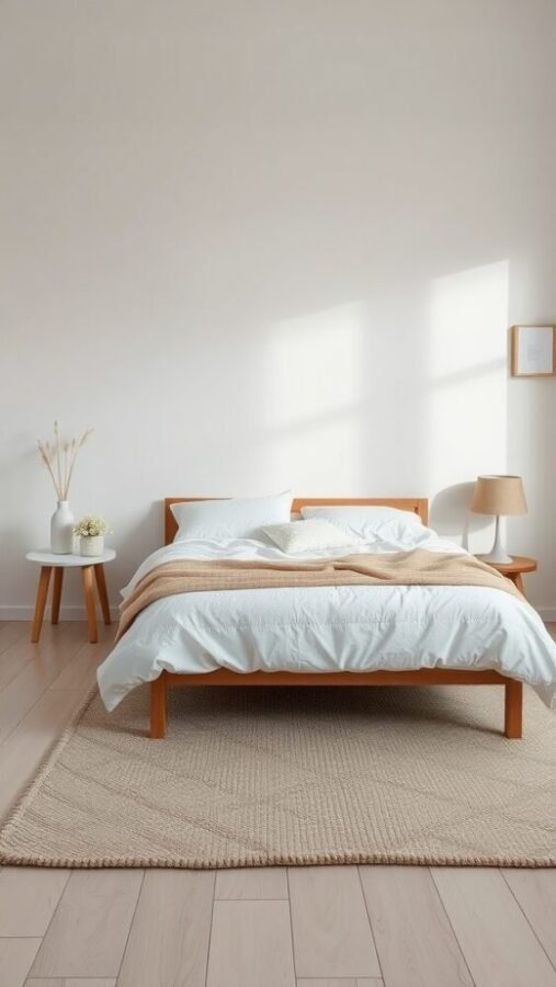 A minimalist bedroom featuring a neutral toned rug, wooden bed frame, and soft bedding.