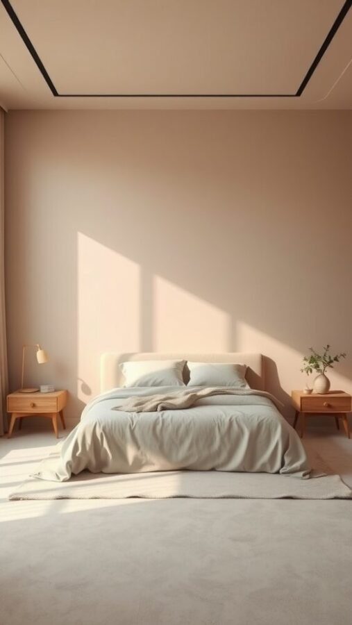 A minimalist bedroom with nude color gradient walls, a light bedspread, and wooden furniture.
