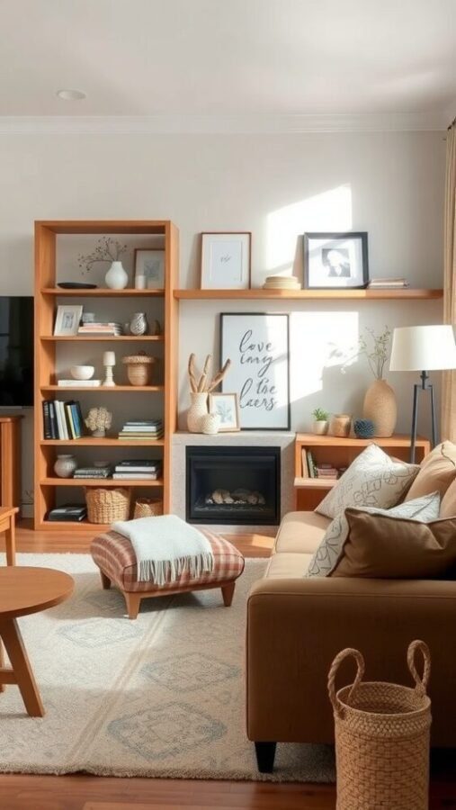 A cozy living room featuring open shelving, neutral decor, and warm lighting