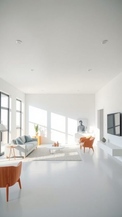 A minimalist living room featuring an open space concept with large windows, light furniture, and simple decor.