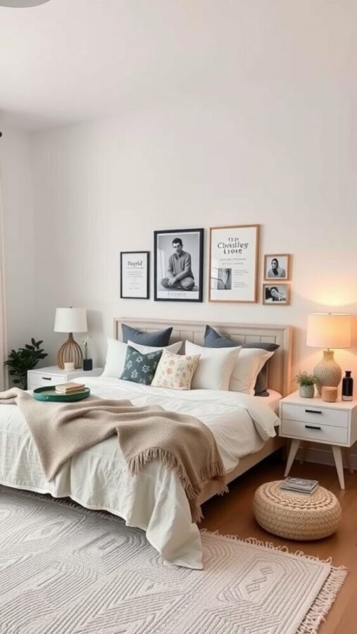 A cozy and personalized minimalist bedroom featuring a neatly made bed, framed artwork on the walls, and soft textures.