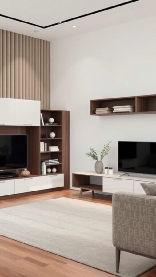 A modern minimalist living room featuring smart storage solutions with a clean design.