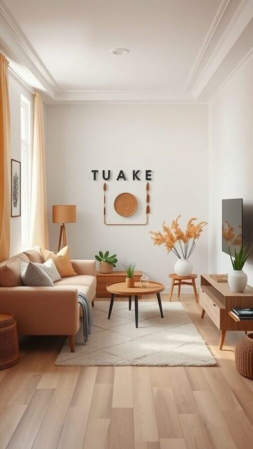 A cozy small living room featuring soft beige rugs and warm textiles, with plants and stylish furniture.