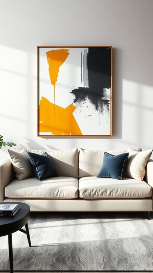 A minimalist living room featuring a bold statement art piece in orange and black.