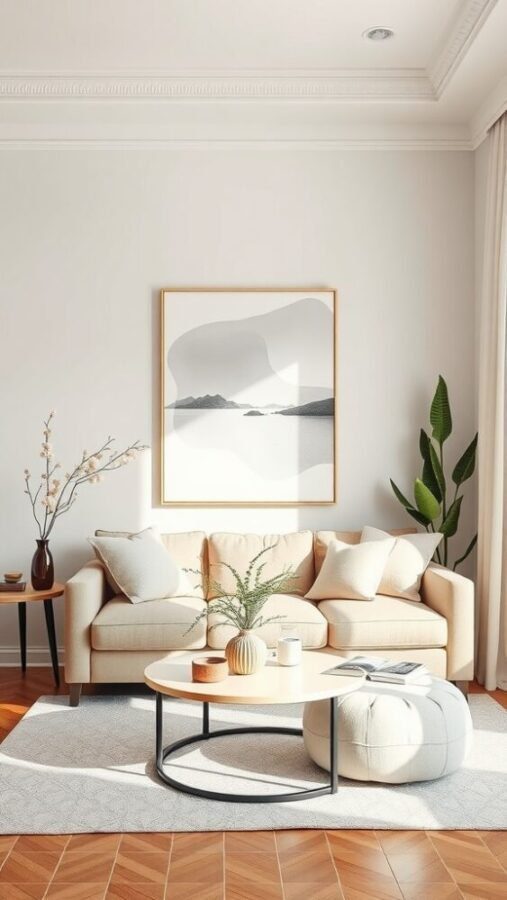 A cozy small living room featuring neutral tones, a light beige sofa, stylish wall art, and plants.