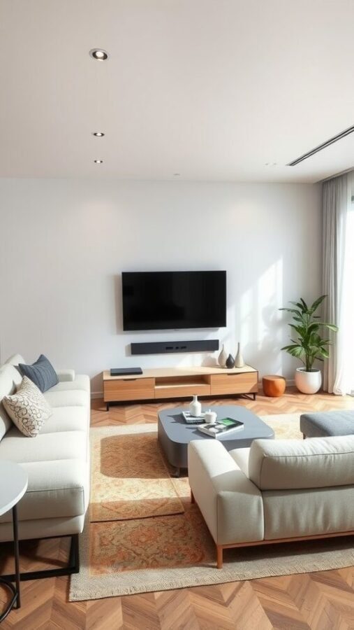 A minimalist living room featuring a large wall-mounted TV, a simple media console, and comfortable seating.