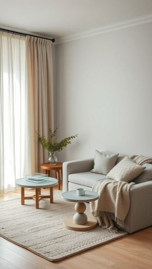 Minimalist living room featuring layered textures with a couch, knitted throw, coffee tables, and greenery.