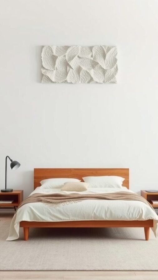 Minimalist bedroom with textured wall art above the bed