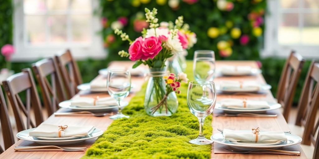 A table with a green moss runner and flowers.
