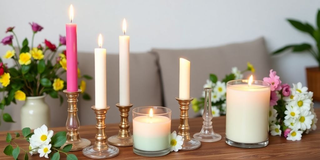 Elegant accent candles in a cozy spring decor setting.