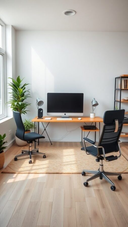 A modern work from home office setup with a computer, two chairs, and plants
