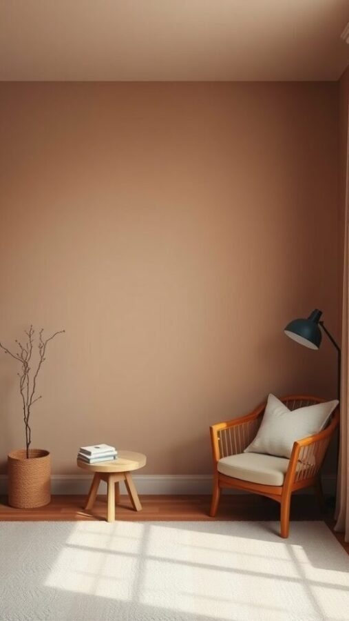 Minimalist bedroom corner with warm taupe walls, a wooden chair, and a side table.