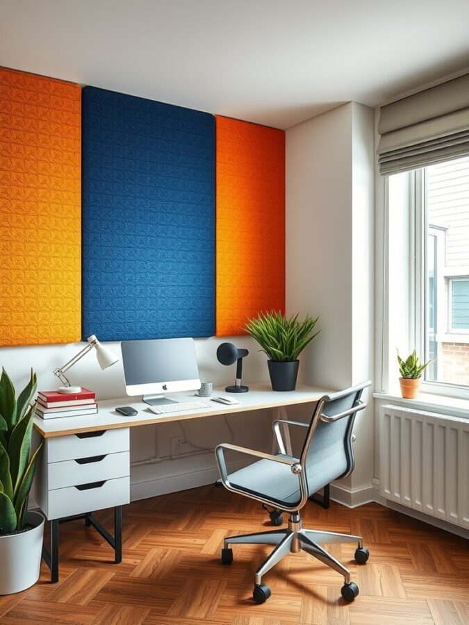 A modern home office with colorful acoustic panels on the wall, featuring a desk, computer, and plants.