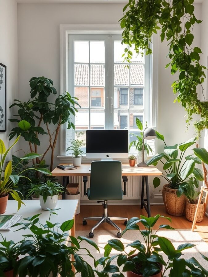 A bright home office filled with various indoor plants, featuring a desk with a computer and a comfortable chair.