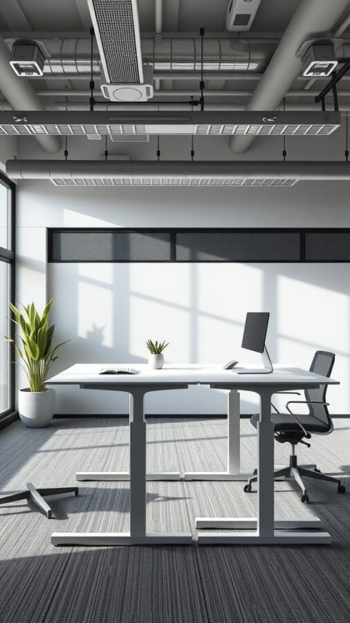 23 Creative Home Office Ideas for Shared Workspaces 1 A modern adjustable desk in a bright office space with a plant and computer.
