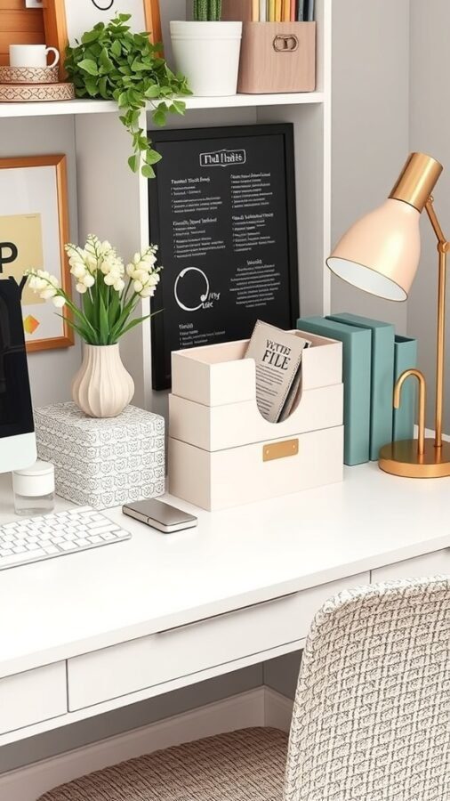21 Creative Home Office Ideas to Boost Your Productivity 14 A well-organized home office with a desk, computer, decorative plants, and stylish storage solutions.