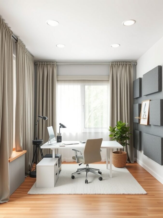 A bright home office featuring soundproofing elements like curtains and acoustic panels.