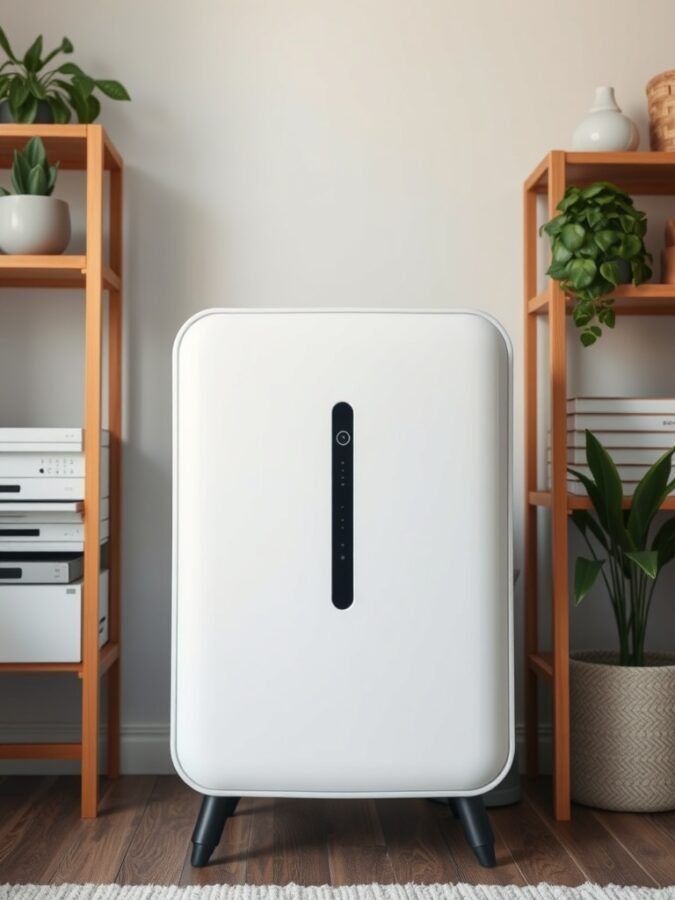 A modern air purifier in a home office setting with plants on shelves.