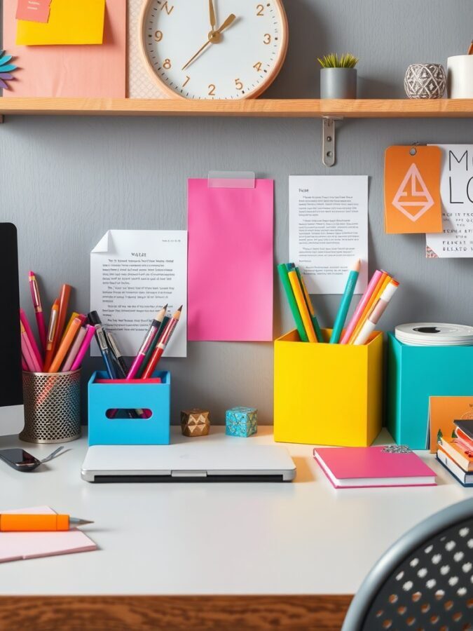 A colorful home office desk setup featuring vibrant desk accessories, a laptop, and a clock.