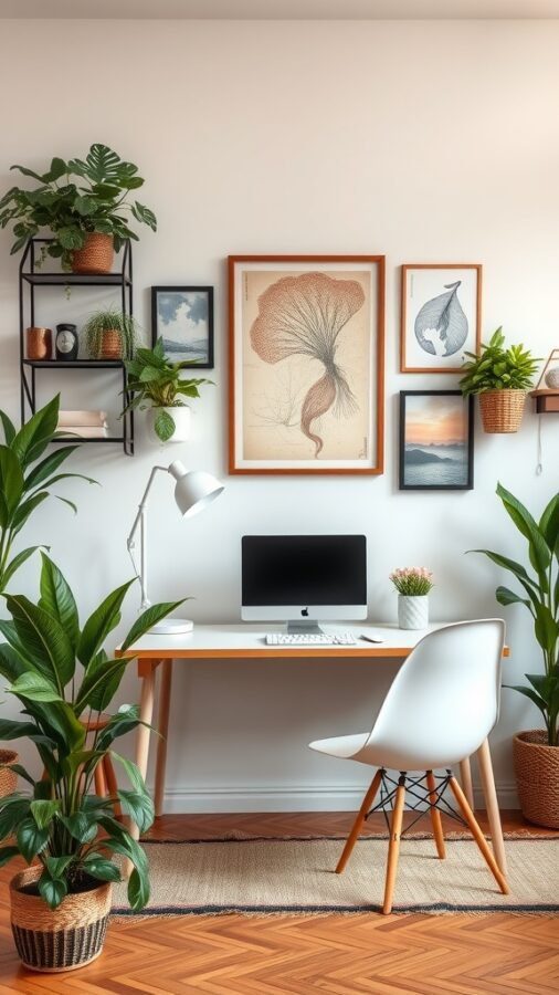 21 Creative Home Office Ideas to Boost Your Productivity 16 A stylish home office with plants and artwork, perfect for video calls.