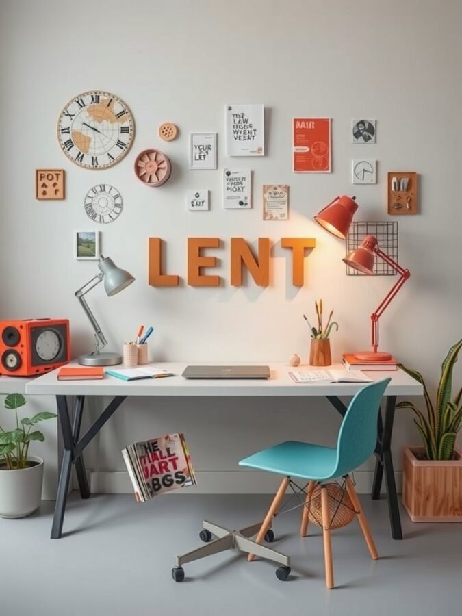 A bright home office desk with colorful decor, a laptop, and artistic wall art.