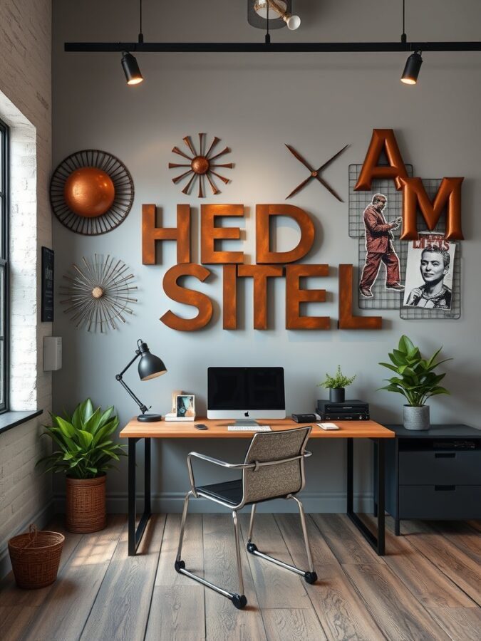 A home office with artistic metal wall art, featuring bold letters and geometric shapes, complemented by plants.