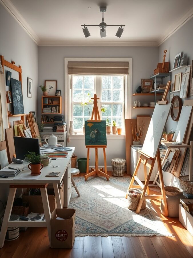 A cozy artistic studio with an easel, desk, and natural light.