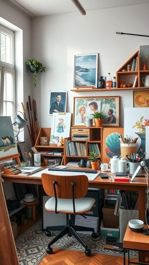 A cozy artistic studio office filled with artworks, plants, and art supplies.
